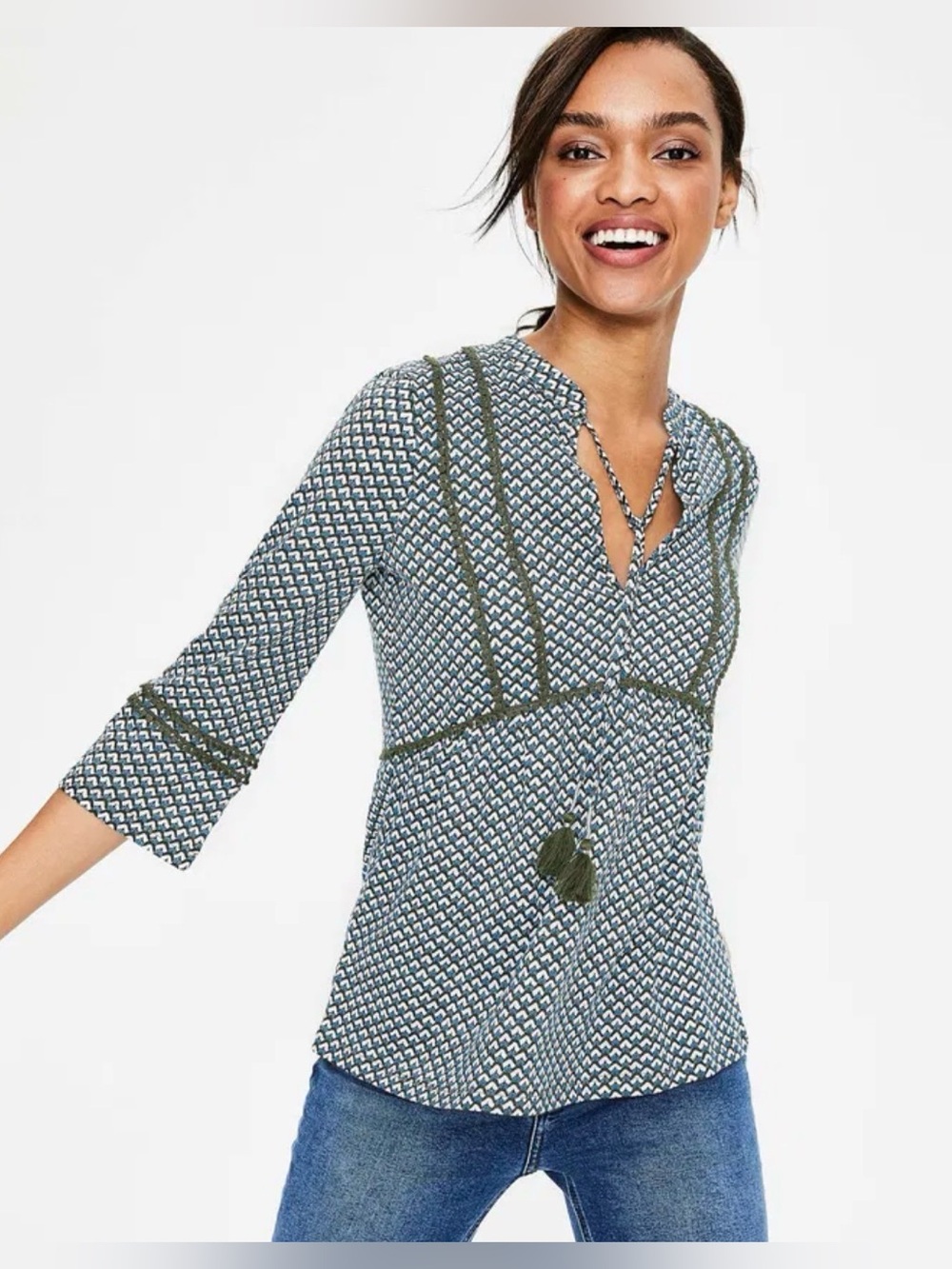 Boden Blue and Brown Geometric Peasant Top 14R